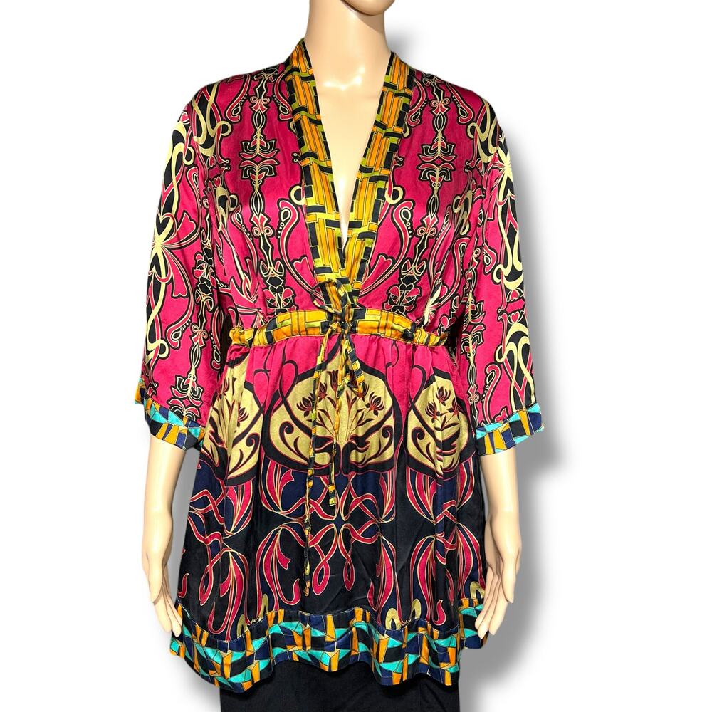 CAbi Womens Chelsea Erte Silk Kimono Tunic Top Blouse Shirt Tie Waist Large